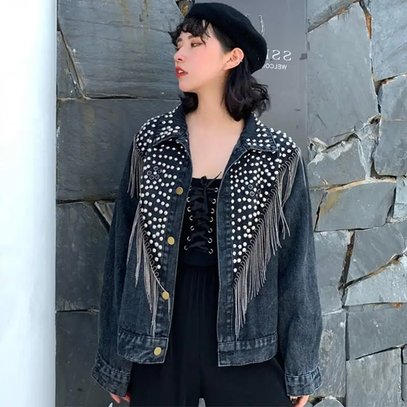 incredible  Autumn Streetwear Jeans Coat Solid Rivet Tassel Short Denim Jacket Women Loose Black Jacket Jacket