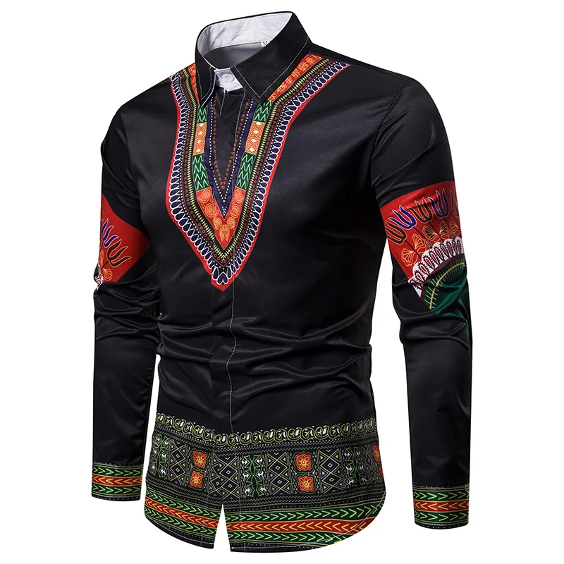 Men s Shirts Men s National Style Shirts Printed Shirts Men s Lapel Long Sleeve Shirts 3