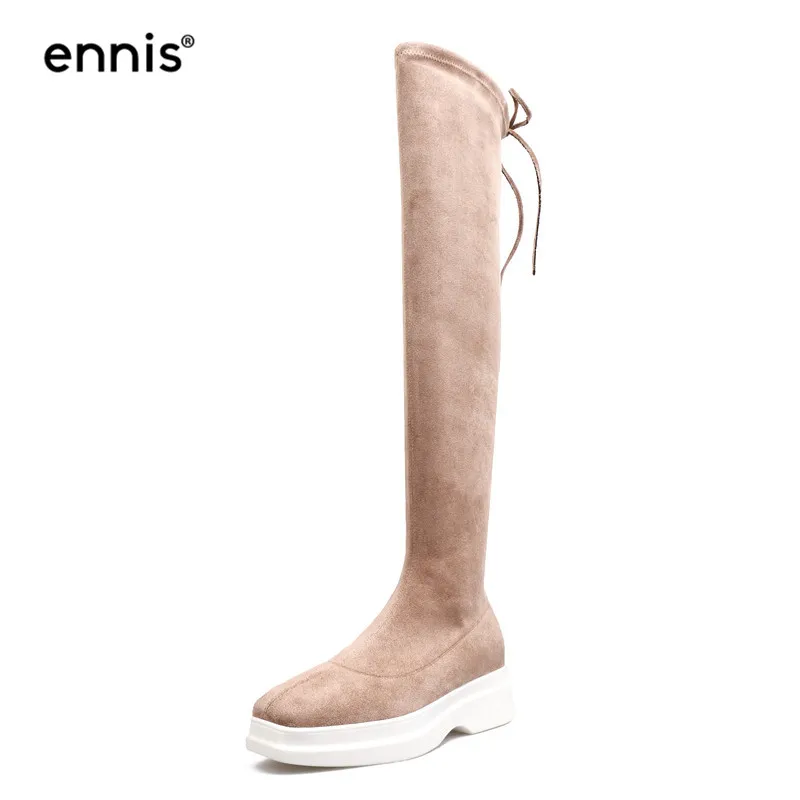 ENNIS/брендовые сапоги на платформе; женские Сапоги выше колена; растягивающиеся зимние сапоги; женская черная обувь из флока на молнии со шнуровкой; модная обувь; L929 - Цвет: Apricot