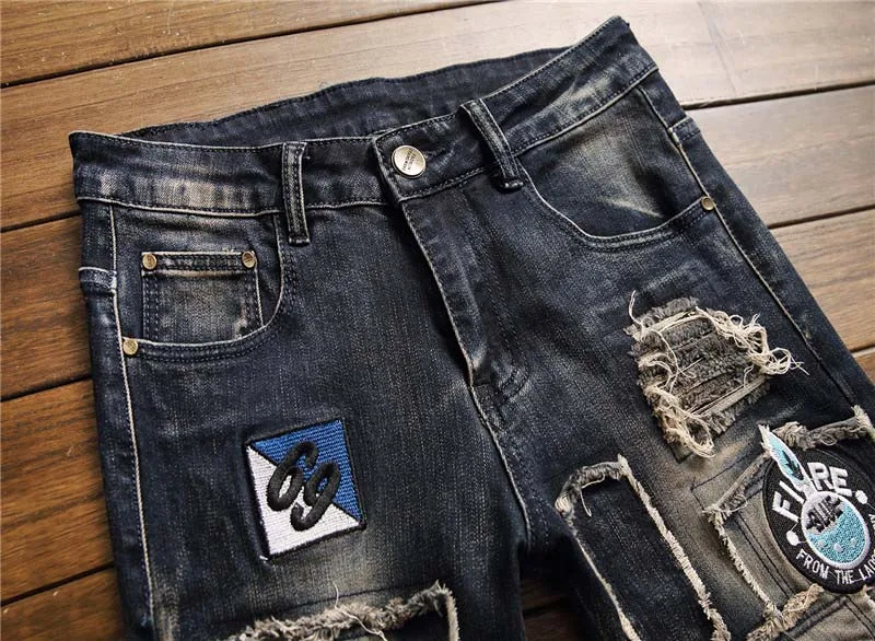 KIOVNO Men Ripped Pleated Jeans Pants Fashion Badge Patchwork Denim Trousers For Male Size 29-38 Straight (6)