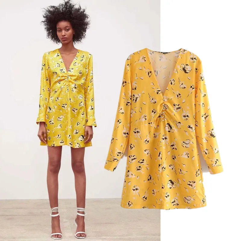 

Sf1024-9241-Europe And America WOMEN'S Dress 2019 New Style V-neck Flower Floral Printed Dress