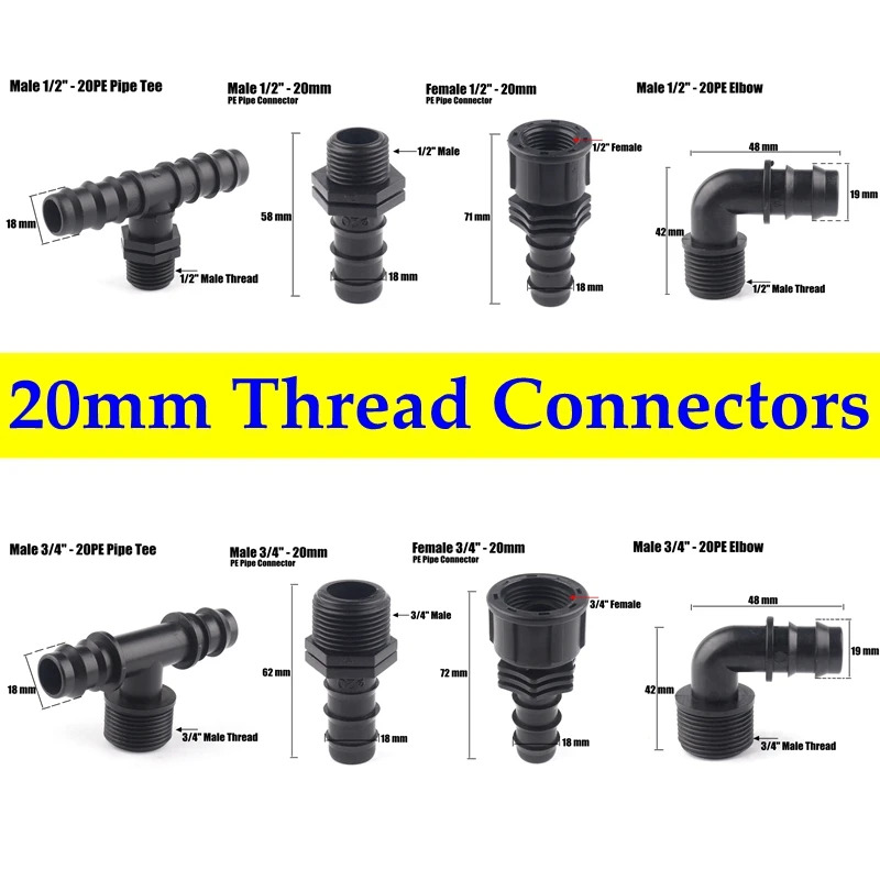 Conectores rosca PE para manguera de jardín, tubo de de riego por microgoteo, junta de lengüeta, de tubo de riego, Colección, 20mm, 5 unids/lote|Tipo de conector agua del