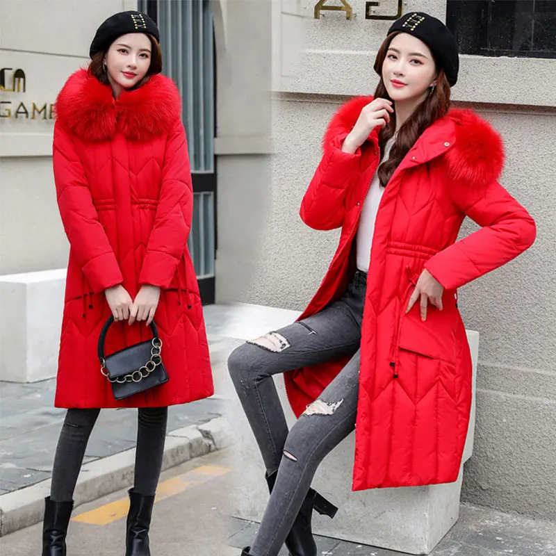 Chic Fur Coat Hooded Winter Down Coat Warm Jacket Plus Size Long Slim Women Cotton padded Wadded Parkas female jacket 5XL