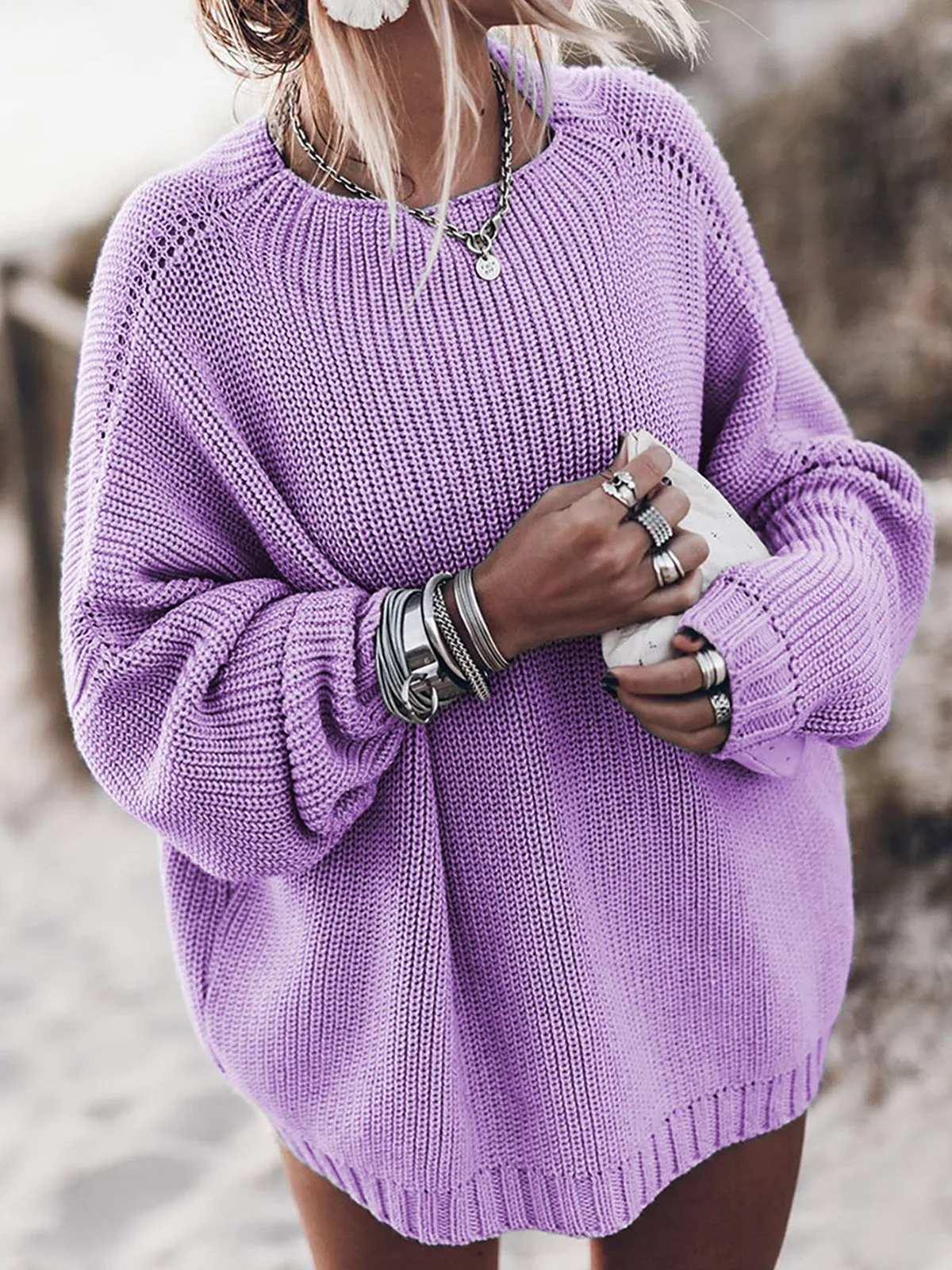 Длинный рукав o-образный вырез трикотажные женские свитера Пуловер Осень Зима сплошной плюс размер пушистый свитер джемпер женские трикотажные изделия - Цвет: Фиолетовый