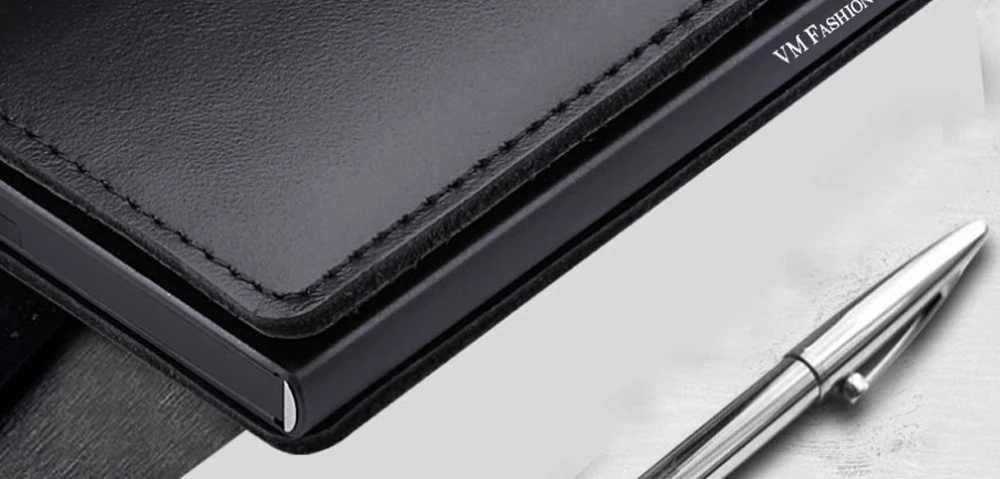 VM FASHION KISS RFID Genuine Leather Minimalist Wallet DIY Metal Aluminum Safe Purse Credit Id Business Card Holder Cardholder