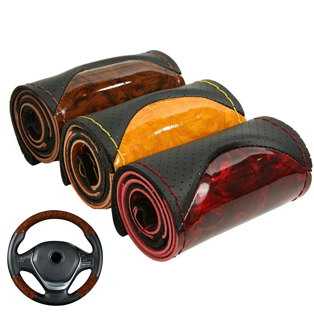 38cm Wooden Pattern Micfiber Leather Car Steering Wheel Cover Braiding Wheel Cover With Needle and Thread