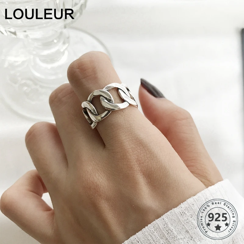 

LouLeur 925 sterling silver wide chain rings silver vintage wild square strip chain open rings for women silver 925 jewelry gift