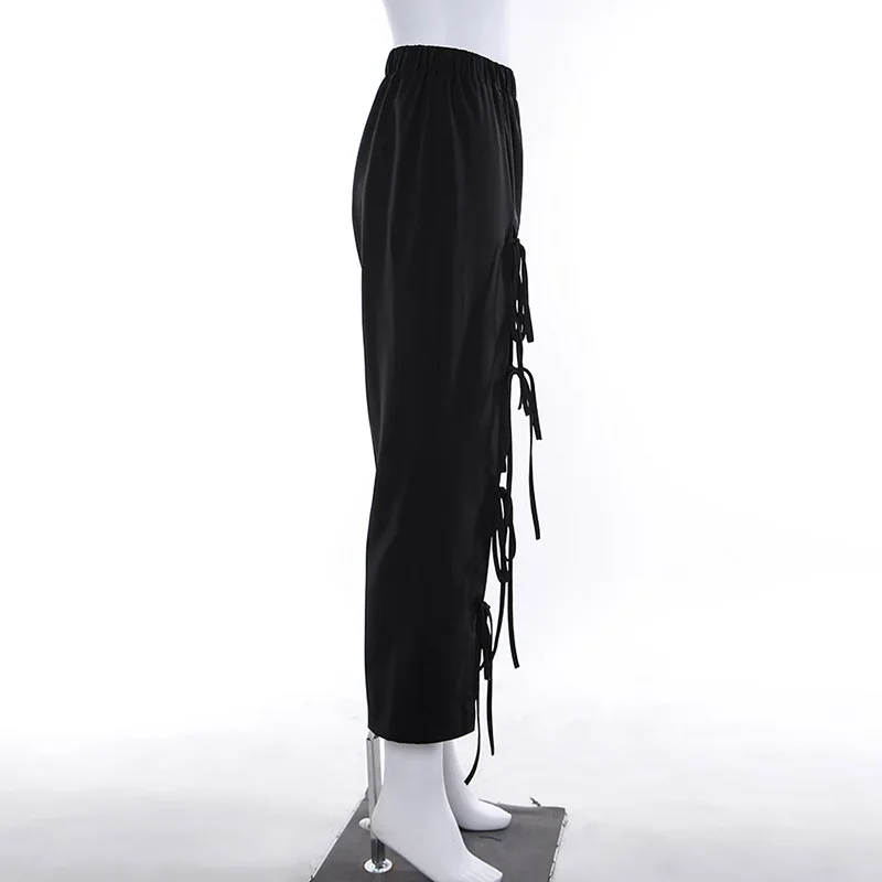 Женские прямые брюки широкие мешковатые с высокой талией Харадзюку уличная женские хипстеры брюки повязки кружева выдалбливают стильные