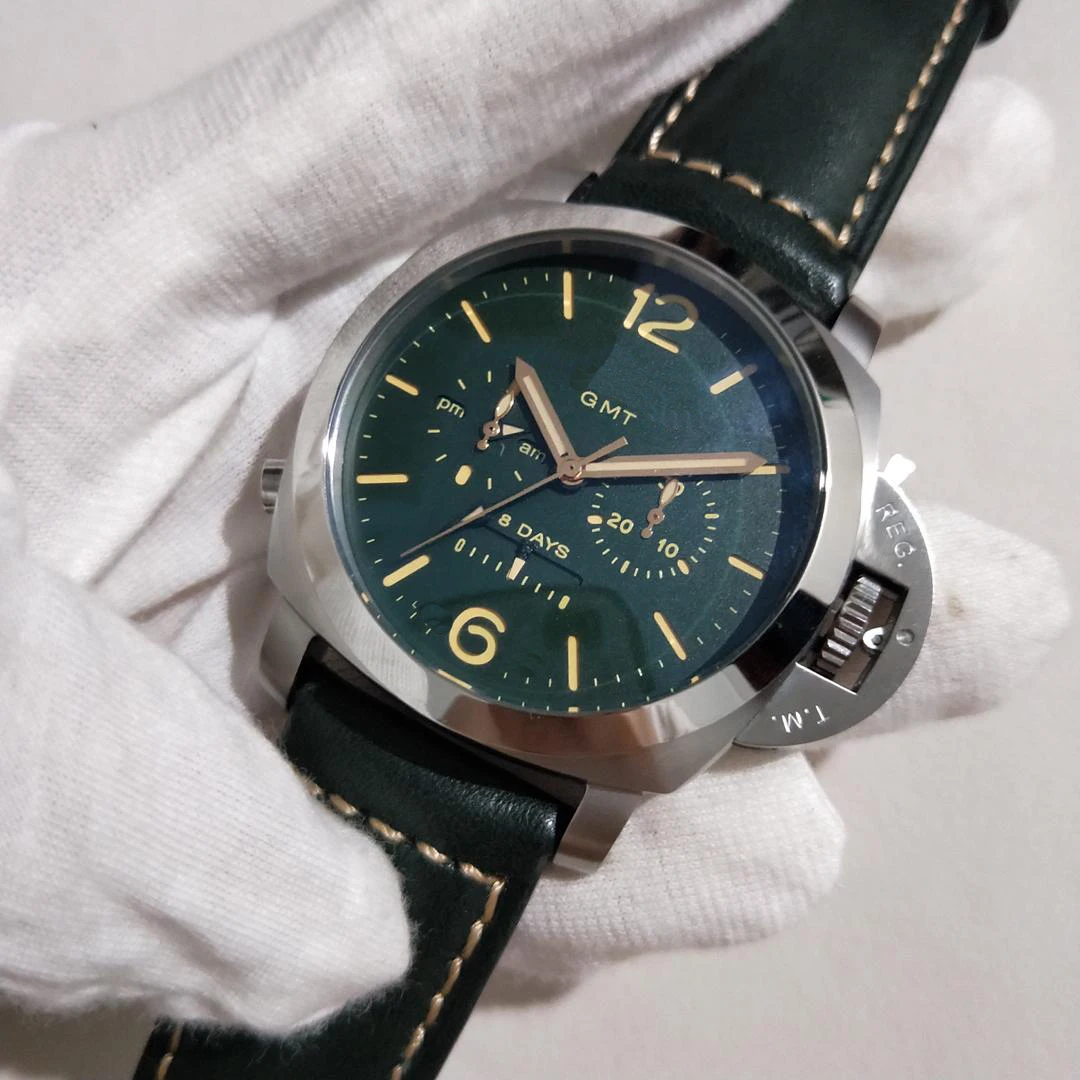 

Luxury Brand New Men Automatic Mechanical Self Wind Sapphire Stainless Steel Watch Silver Black Leather Luminous 8 Days GMT AAA+