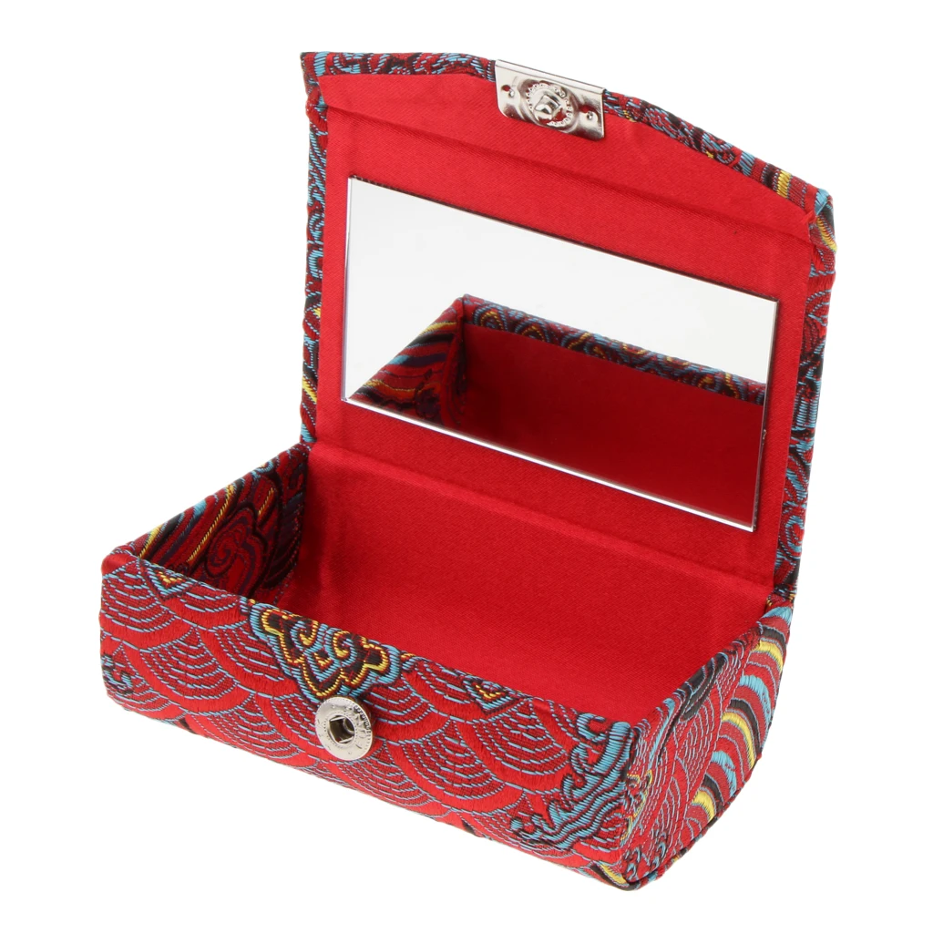 Retro Brocade Embroidered Chinese National Costume Design Lipstick Jewelry Case Holder Box With Mirror- Holds 2 Lipsticks