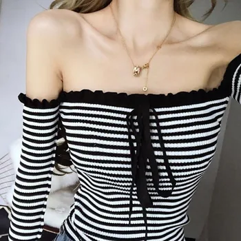 

Autumn Women Sexy Casual Korean Sweater Striped Tube Top Fashion Strapless Shoulder Sweater