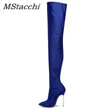 MStacchi/женские пикантные Сапоги выше колена; женские сапоги с острым носком на тонком каблуке из эластичной ткани; Botas Mujer; сезон осень-зима; вечерние высокие сапоги
