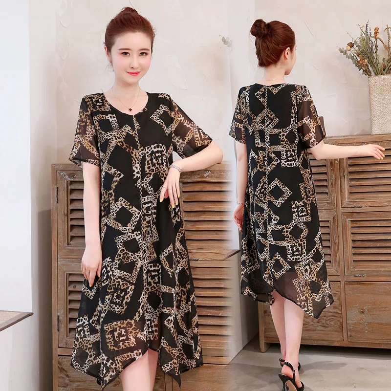 

Large Size Dress Cover Belly Dress by Age 2019 Summer Slimming Mom Western Style Chiffon Skirt