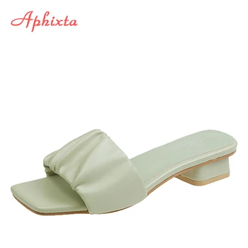 

Aphixta Low Heels Slippers Pleated Square Toe Summer Women Shoe Solid Color Outdoor Ladies Flip Flops Mujer Slip On Beach Slides