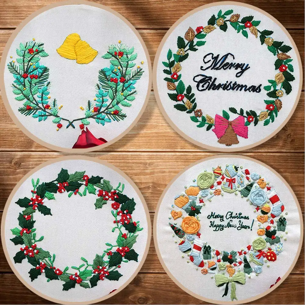 

4 Sets Christmas Wreath Flower Embroidery Knitting Kit DIY Handcraft Thread Tools Material Pack Cross Stitch For Beginners Decor