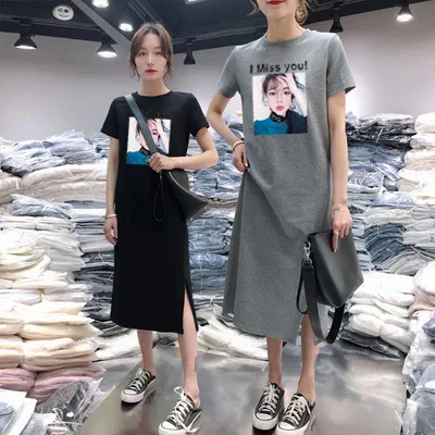 

Summer Korean-style CHIC Loose-Fit Mid-length Loose And Plus-sized Lazy Cartoon Short Sleeve T-shirt Dress Women's over-the-Knee