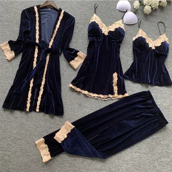 

Velour Sexy Home Clothing 4pcs Pajamas Suit Women Nightgown Lace Homewear Sleep Set Pijamas Suit Casual Sleepwear Long Sleeve