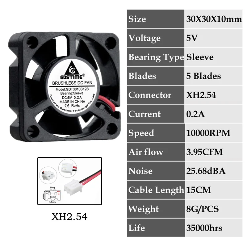 0.2A3010S5V202.54 5 шт. Gdstime DC 24 в 12 В 5 в 3 см 30x30x10 мм 2Pin шарикоподшипник портативный вентилятор охлаждения Dupont 2,54 2,0 30 мм x 10 мм охладитель 3010 - Цвет лезвия: 0.2A3010S5V202.54