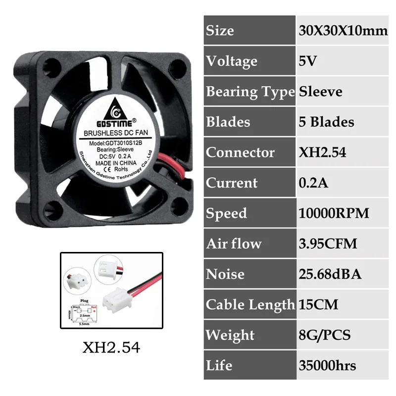 5 шт. Gdstime DC 24 в 12 В 5 в 3 см 30x30x10 мм 2Pin шарикоподшипник портативный вентилятор охлаждения Dupont 2,54 2,0 30 мм x 10 мм охладитель 3010 - Цвет лезвия: 0.2A3010S5V202.54