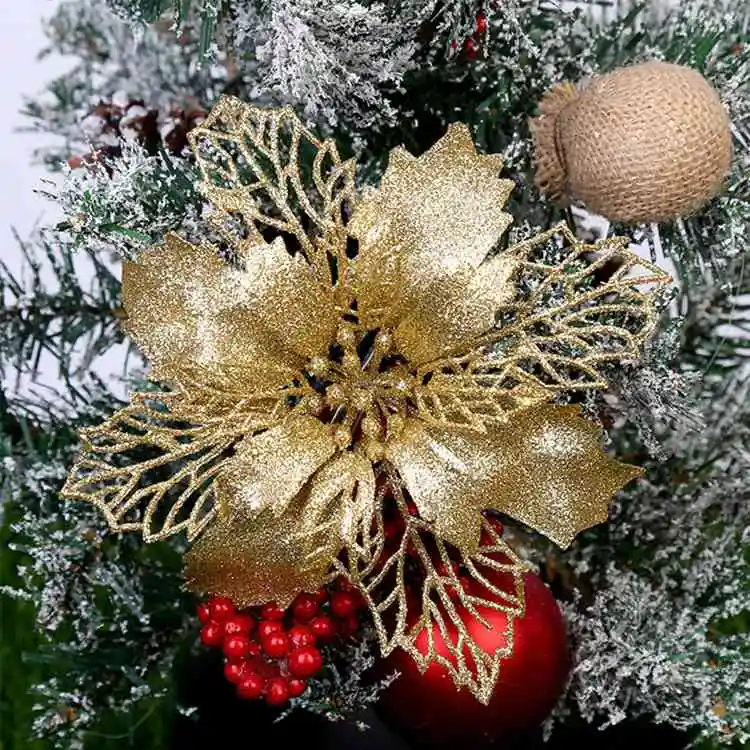 LAPHIL 10pcs Artificial Christmas Flowers Glitter Fake Flower Xmas Tree Ornaments Home Decorations Merry Christmas Party Gift - Цвет: 13