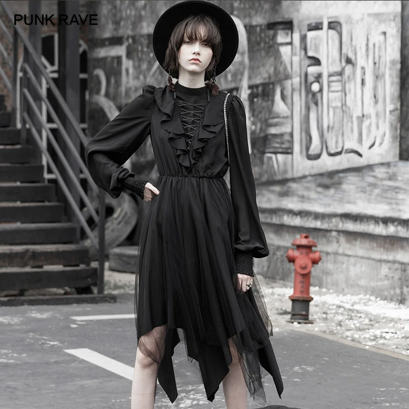 #Special Offers Punk Rave Meisje Gothic Zwarte Hoge Hals Lange Jurk Meisje Mode Onregelmatige Losse Chiffon Vrouwen Jurken