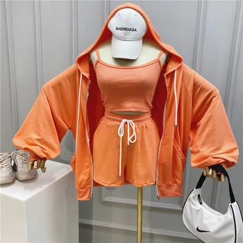 

2020 Spring Sports Suit Female Loose Zipper Hooded Jacket + Camisole + Wide Leg Short Pants Three-Piece Set Female Sportswear