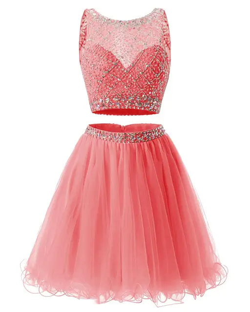 Free Shipping Homecoming Dress Tulle Two Pieces Girl Party Wear Cocktail Dresses Crystal Beaded Charming graduation robes Coral