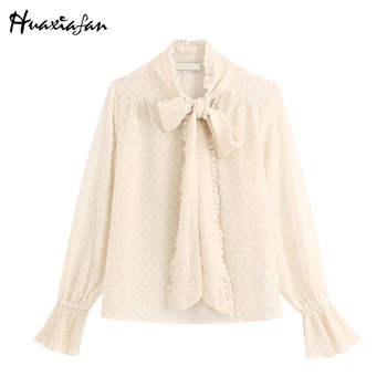 

Huaxiafan Spring women shirts fashion trend versatile fit show thin Lantern Sleeve bow small crowd trumpet cuff versatile shirt