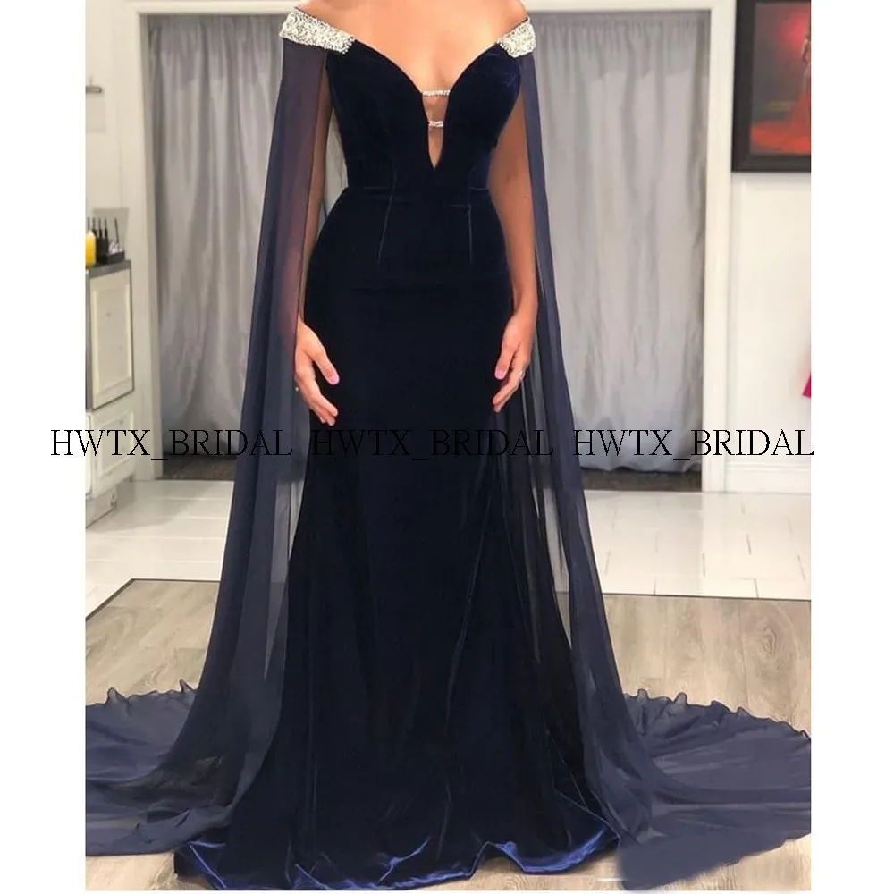 Длинная накидка вечернее платье темно-синий с открытыми плечами кристалл бархат Русалка размера плюс арабский официальный вечерний наряд Vestidos de fiesta