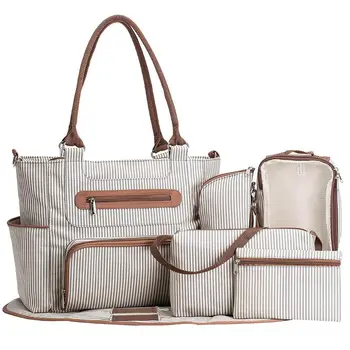 

7Pcs/Set Large Capacity Diaper Bag Tote for Mom Dad Travel Baby Care Shoulder Bags with Changing Pad Insulated Pockets Stroller