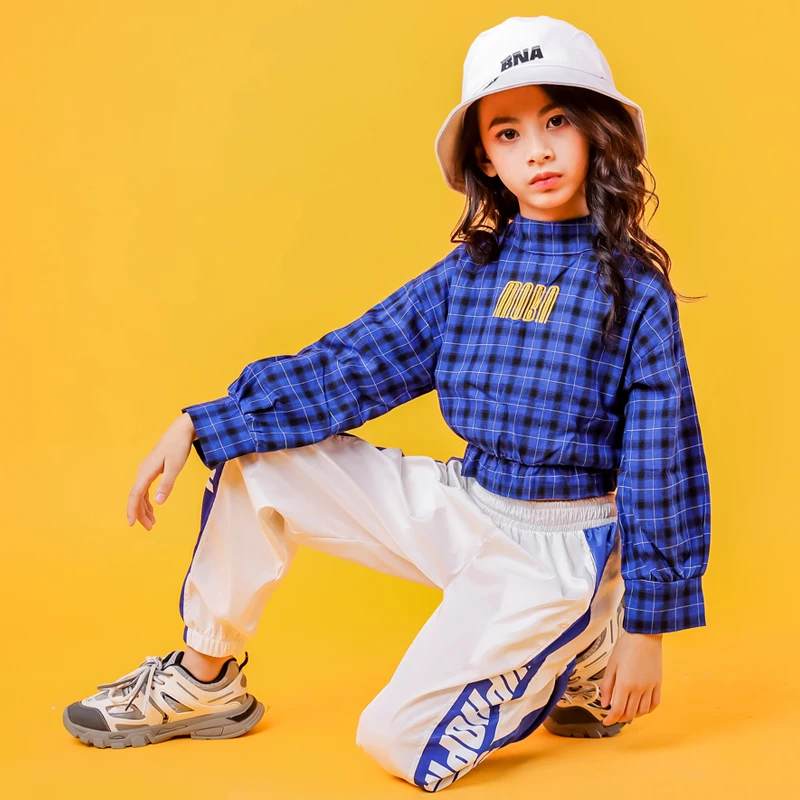 Blue Girls Boys Hip Hop Hoodies Dance Clothes for Kids Jazz Dancing Costumes SweaterShirt Ballroom Crop Tops Plaid Jogger Pants (13)