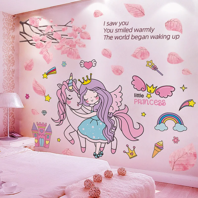 

[shijuekongjian] Cartoon Girl Animal Wall Stickers DIY Pink Tree Leaves Wall Decals for Kids Bedroom Baby Room House Decoration