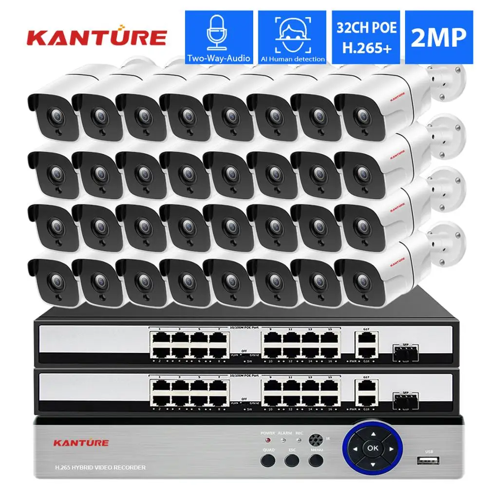 KANTURE H.265 + 32CH 4K 5MP NVR система AI face Record камера безопасности Система 2MP двухсторонняя