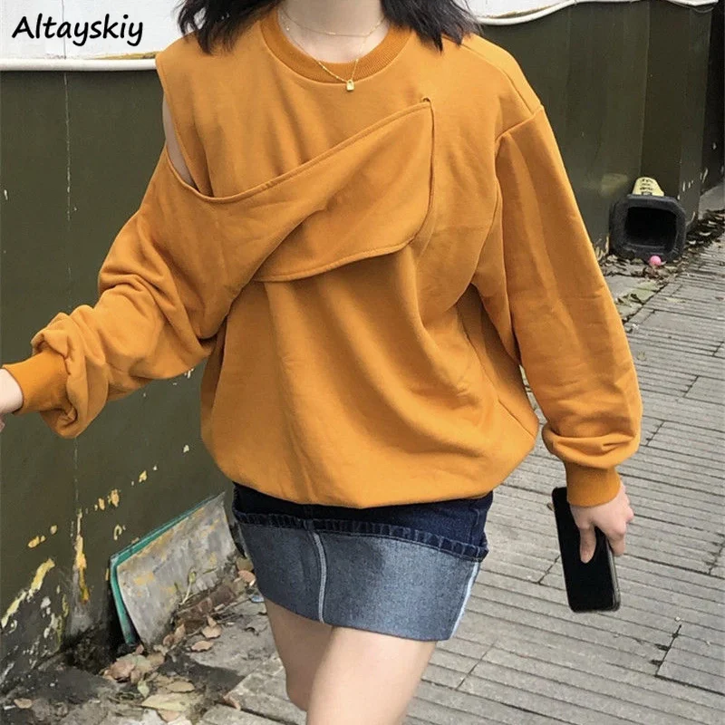 

Women Irregular Sweatshirts Strapless Design Spliced Long Sleeve No Hat Hoodies Female Retro Lazy Ins Spring Hoody Solid Casual