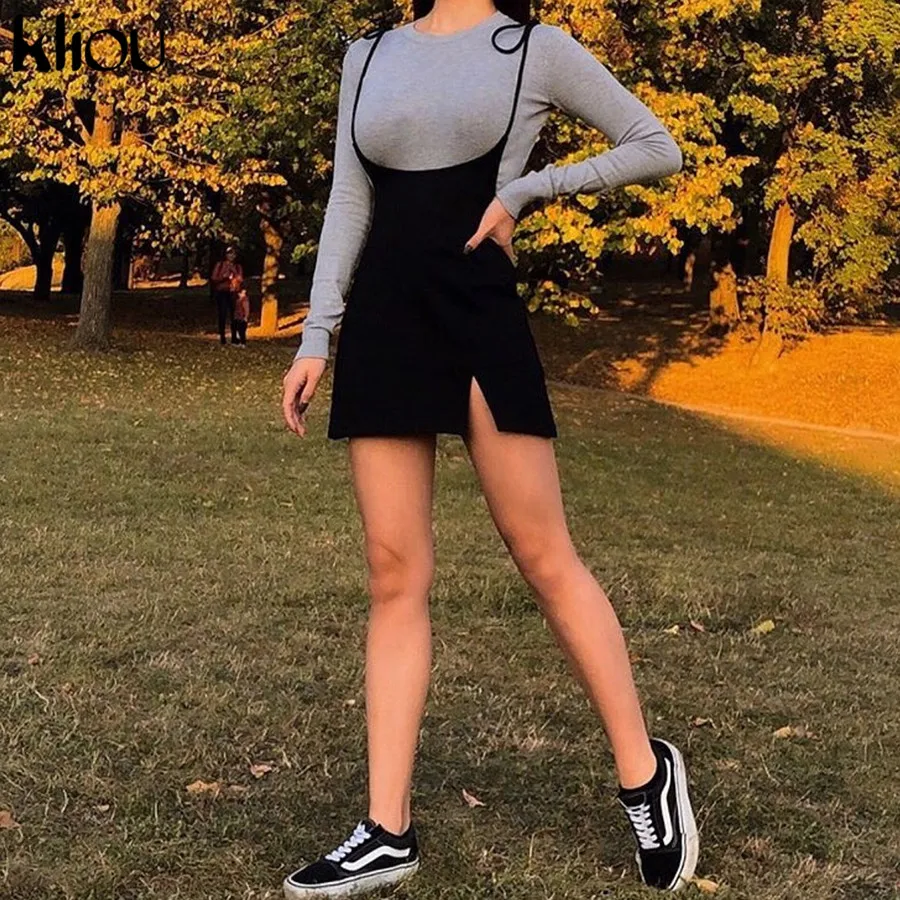 kliou autumn fashion slim Two-piece set woman casual gray t-shirt long sleeve+mini package hip lacing Sling skirt bodycon suit