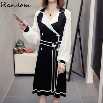 

Plus Size 2020 Winter Kintted Sweater Dress Women Chiffon Long Sleeve Patchwork Office Black White Dresses Autumn Big Clothing