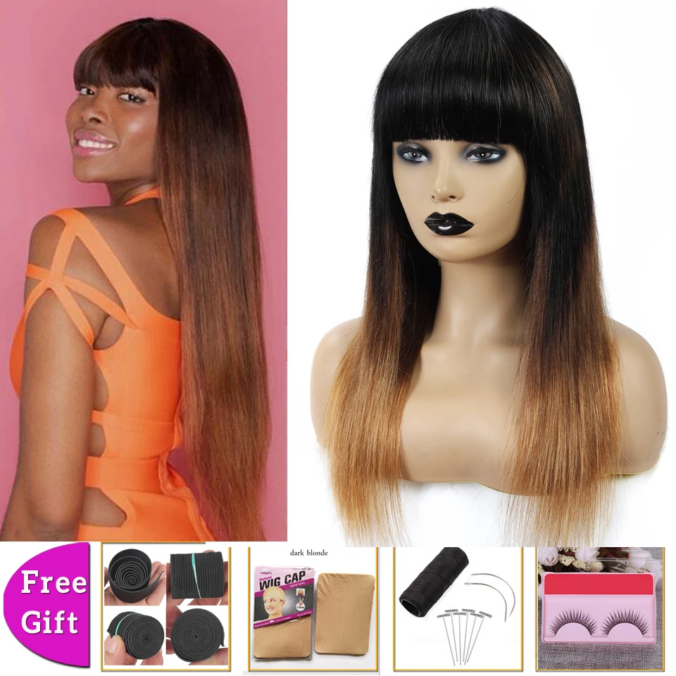 

Brazilian Straight cheap human hair wigs with bangs T1b/4/30 honey blonde ombre Human Hair Wigs For Women Non-Remy 150% Density