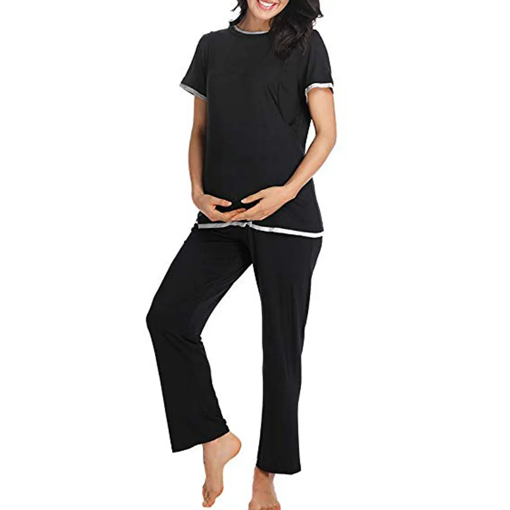 Комплект для беременных женщин, для беременных, для кормящих, короткий рукав, однотонный комплект, костюм для беременных, топы, штаны, conjunto embarazo