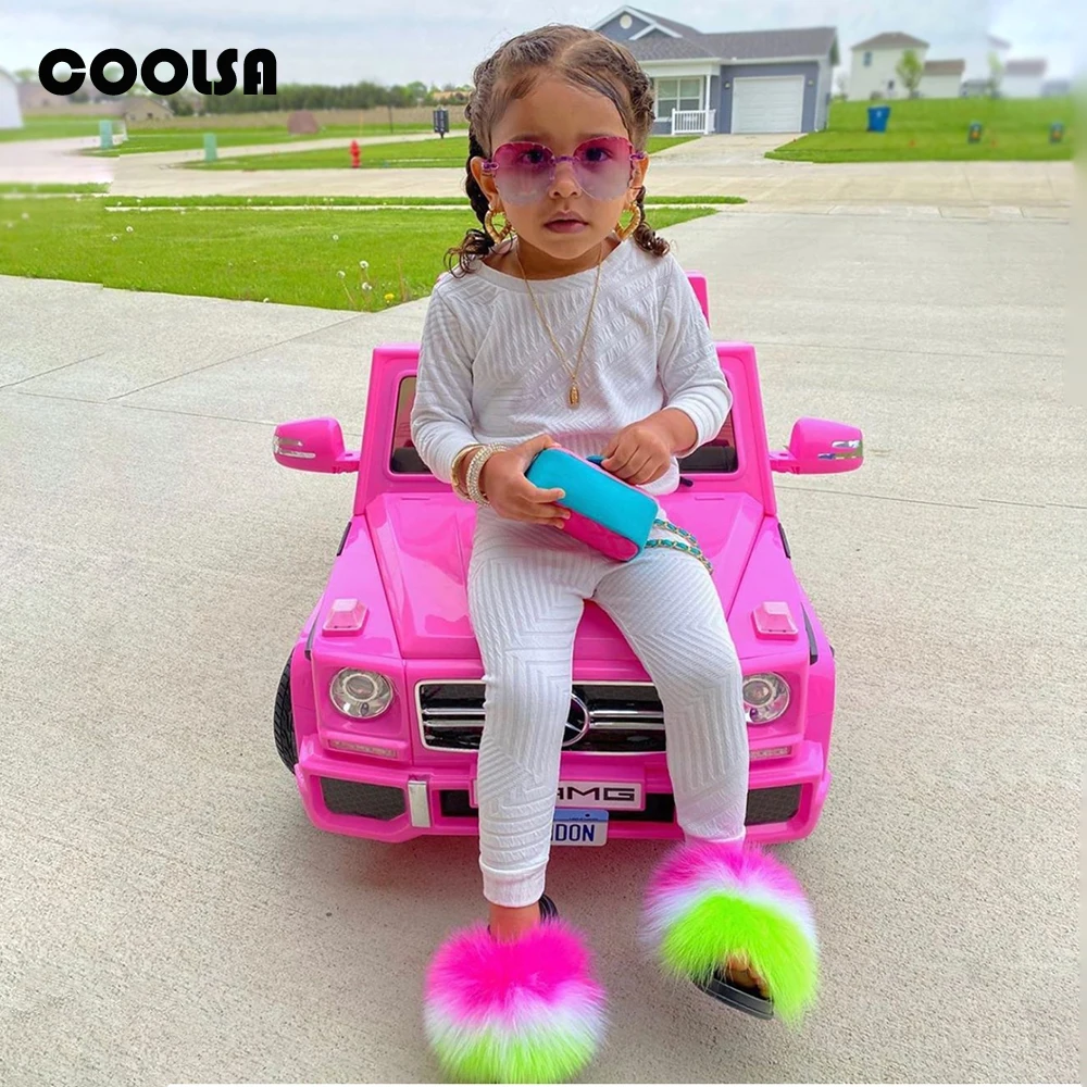 Fur Slippers Rainbow-Shoes Flip-Flops Slides Furry Fluffy Girls Kids Summer Children