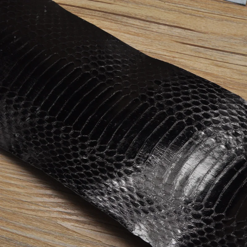 Leather Fabric Leather Material Handmade Leather Shiny Black Genuine Natural Snakeskin Leather DIY Fabric Handicraft Leather for Handbags, Belts 90-120 cm 1 Piece