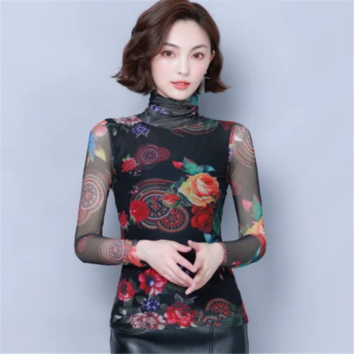 

2019 Autumn New Fashion Style Elastic Printing High Collar Large Size Female Shirts Elegant Comfortable Slim Lady Bottoming Top