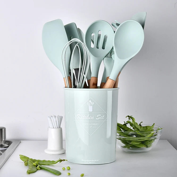 12 Pieces Natural Wooden Handles Cooking Tool BPA Free Non Toxic Silicone Turner Tongs Spatula Spoon Kitchen Gadgets Utensil Set