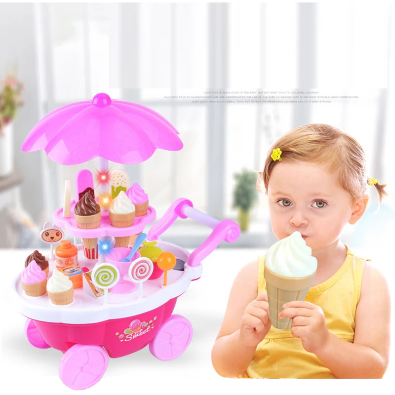 

Simulated Kids Ice Cream Candy Musical Car 39 PCS Classic Pretend Play House Prop Cart Handcart Girl Birthday Gift Wheelbarrow