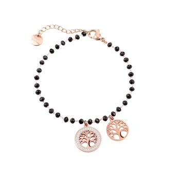 

Stainless Steel Tree Of Life Charm Bracelet For Women Black Crystal Beads Chain Bracelet Girls Party Accessories Fashion Jewelry