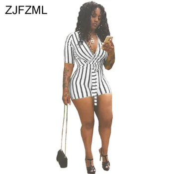 

Sexy Deep V Neck Striped Playsuit Women Short Sleeve Bodycon Short Jumpsuit Ladies Causal High Waist Elegant Plus Size Bodysuits