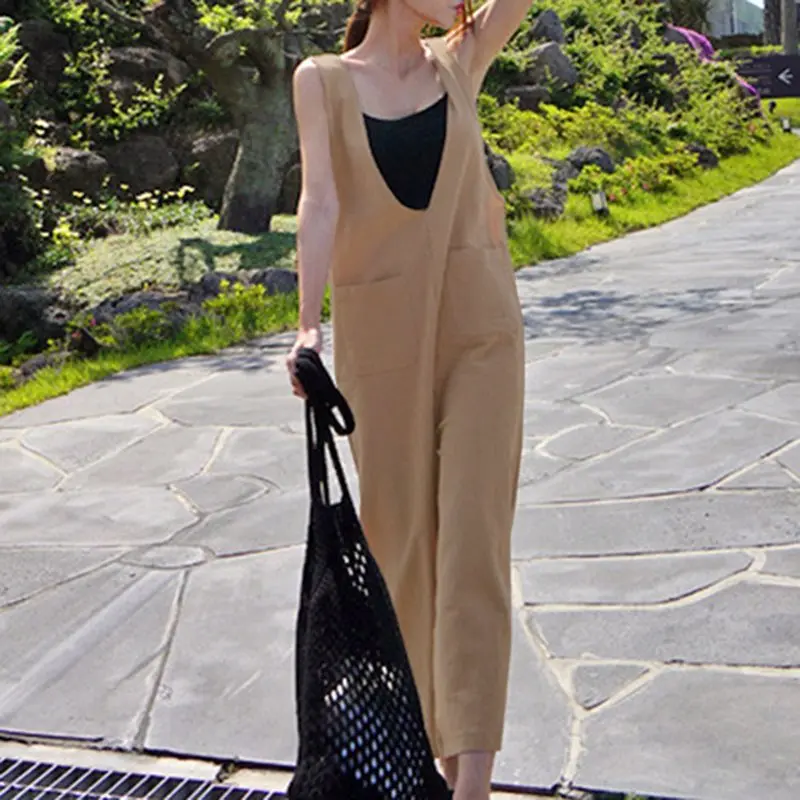 

Summer Office Ladies Korean Style Brown Jumpsuits Women Plus Size Loose Wide Legs Backless Bowknot Japan Female Elegant Rompers