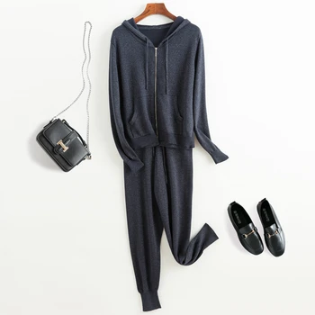 

2019 Limited Rushed Full Drawstring Hitz Women Knitted Suits Bright Hooded Zipper Sweater And Pants Feet Stylish Two-piece