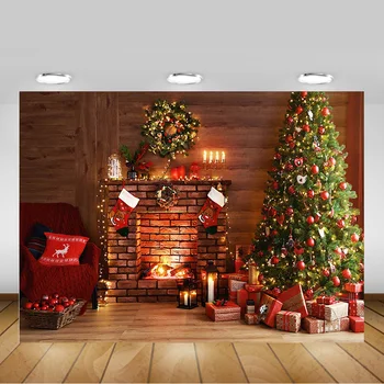 

Fireplace Christmas Photography Backdrop Wreath Xmas Red Sock Candle Living Room Background Gifts Winter Family Party Video Prop