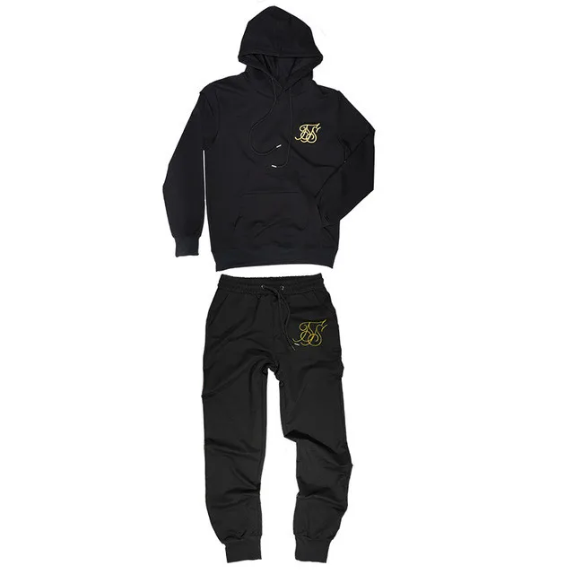 Новинка, Брендовые мужские модные шелковые худи Kanye West Sik, мужские толстовки в стиле хип-хоп с вышивкой, хлопковая спортивная одежда с капюшоном+ штаны, мужская одежда - Цвет: Black suit