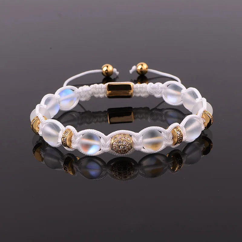 

New Design Moonstone CZ Pave Ball Handmade Wooden Beaded Braided Cord Adjustable Macrame Bracelet For Men Women